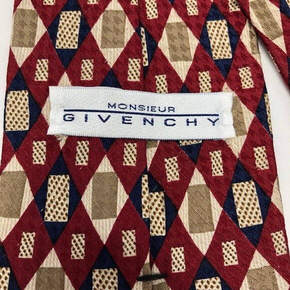 Givenchy Monsieur 100% Silk Red Gold Blue Geometric Men's Designer Tie - Picture 6 of 10